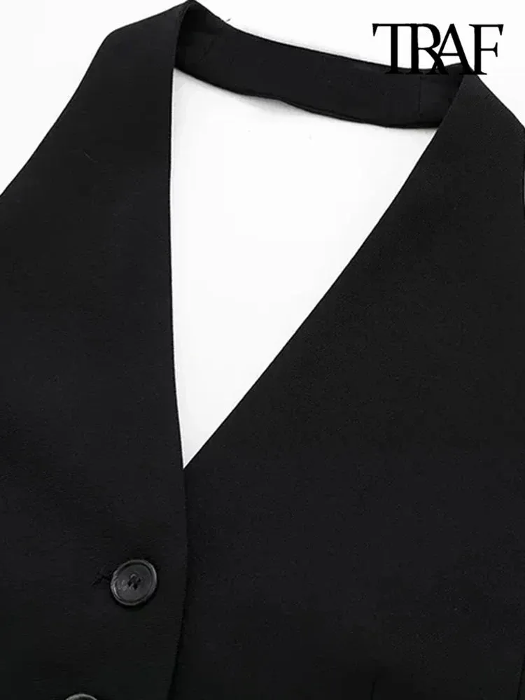 Back To School Joskaa TRAF Women Fashion Backless Halter Neck Waistcoat Sexy Sleeveless Button-up Female Outerwear Chic Vest Tops