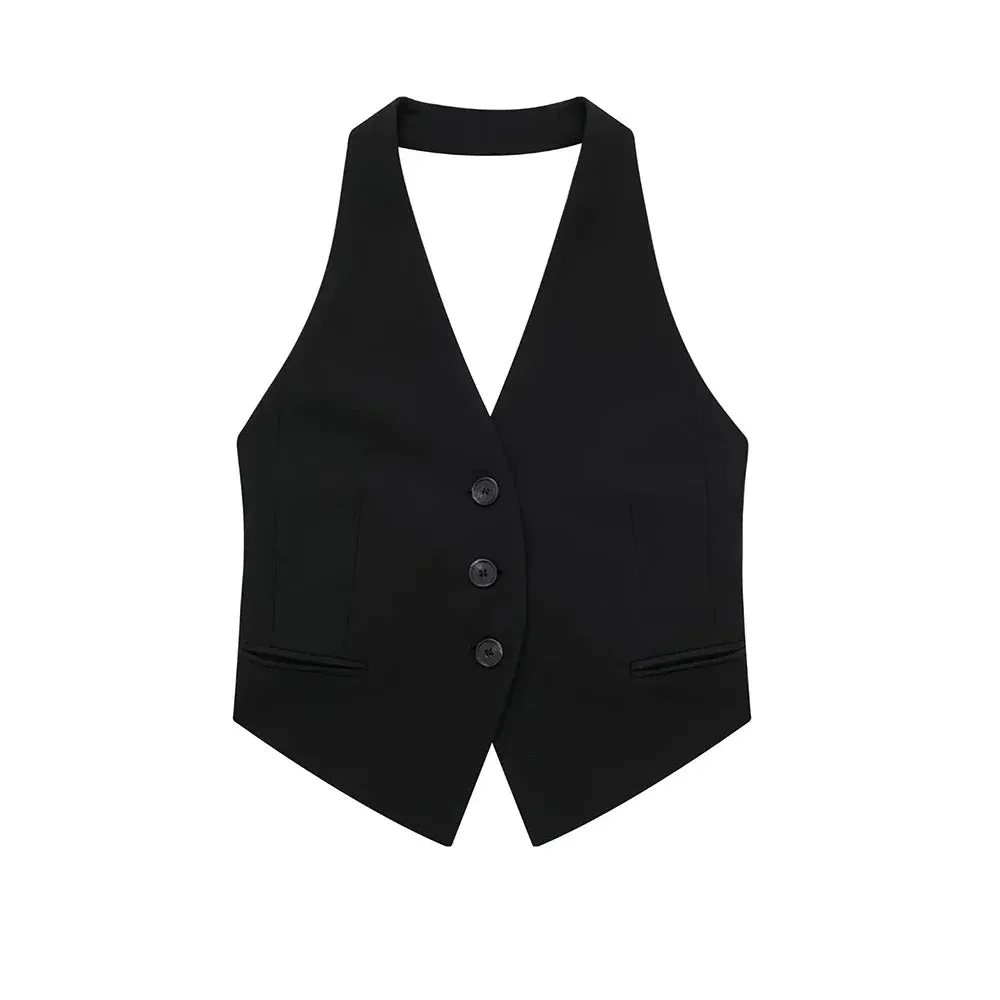 Back To School Joskaa TRAF Women Fashion Backless Halter Neck Waistcoat Sexy Sleeveless Button-up Female Outerwear Chic Vest Tops
