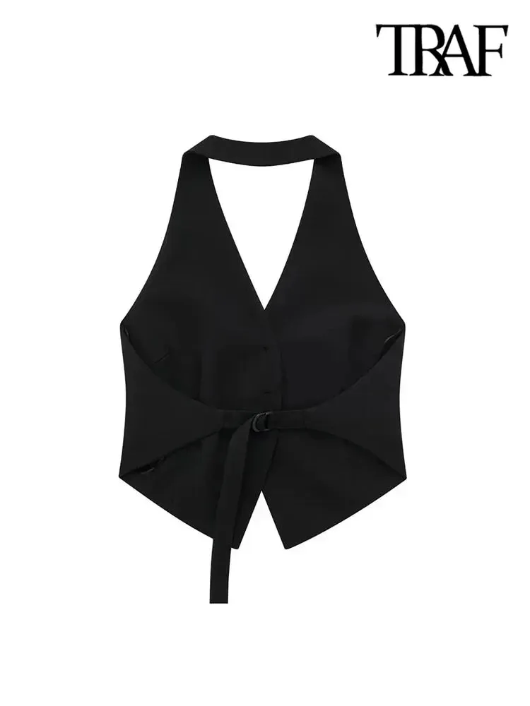 Back To School Joskaa TRAF Women Fashion Backless Halter Neck Waistcoat Sexy Sleeveless Button-up Female Outerwear Chic Vest Tops
