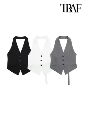 Back To School Joskaa TRAF Women Fashion Backless Halter Neck Waistcoat Sexy Sleeveless Button-up Female Outerwear Chic Vest Tops