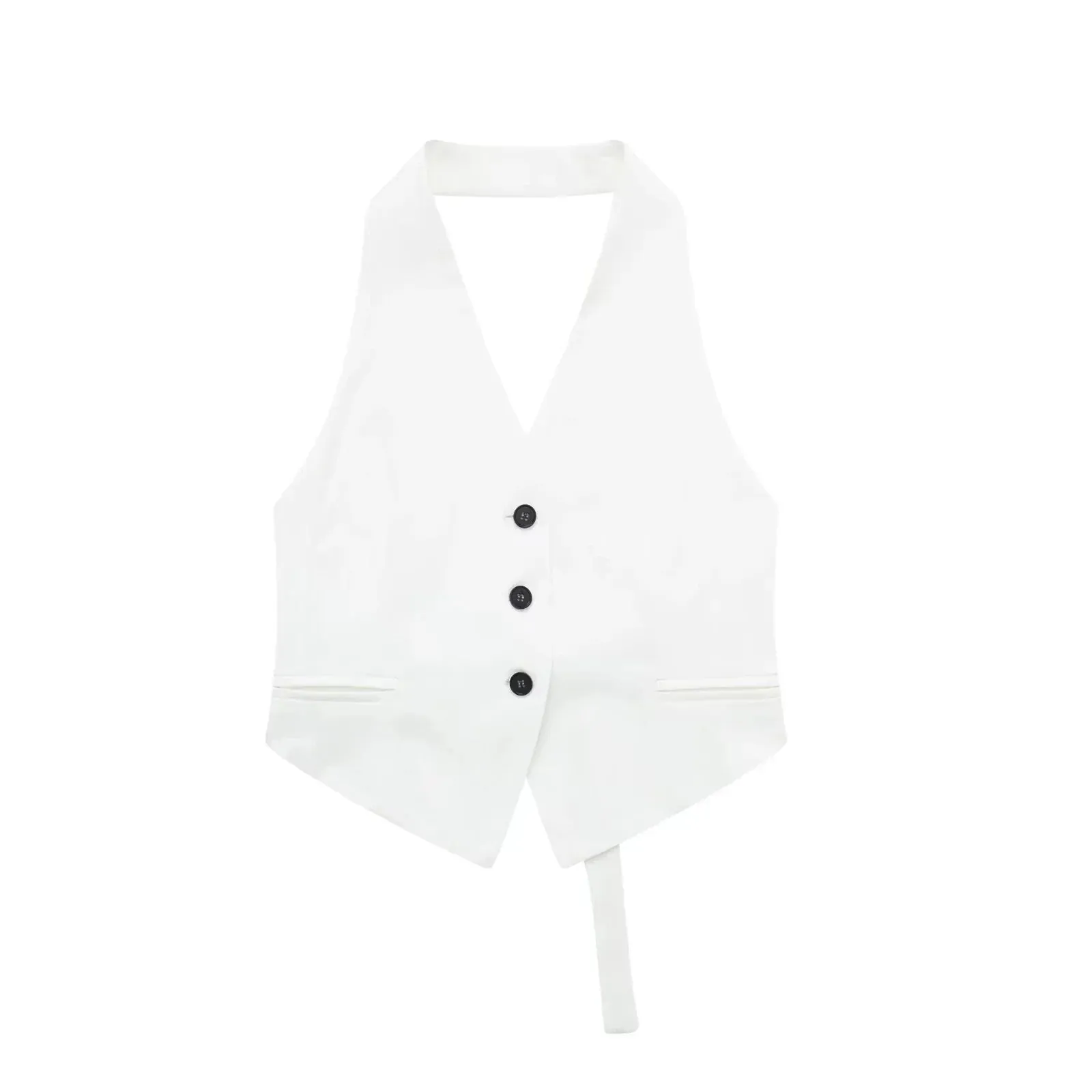 Back To School Joskaa TRAF Women Fashion Backless Halter Neck Waistcoat Sexy Sleeveless Button-up Female Outerwear Chic Vest Tops