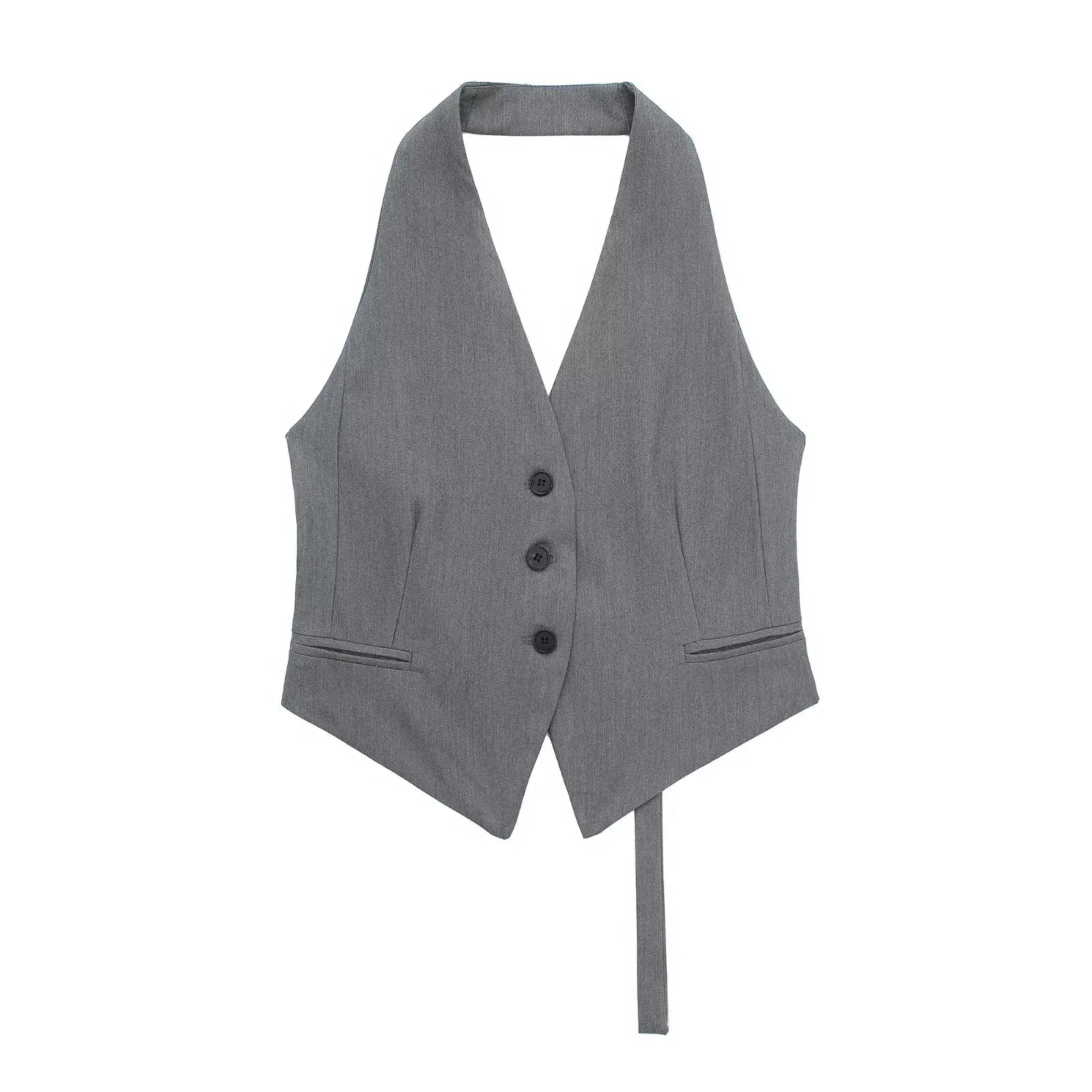 Back To School Joskaa TRAF Women Fashion Backless Halter Neck Waistcoat Sexy Sleeveless Button-up Female Outerwear Chic Vest Tops