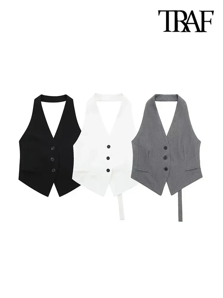 Back To School Joskaa TRAF Women Fashion Backless Halter Neck Waistcoat Sexy Sleeveless Button-up Female Outerwear Chic Vest Tops