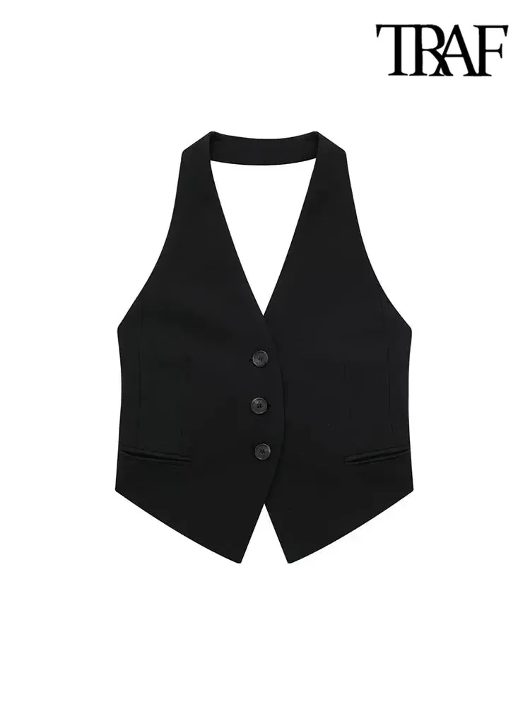 Back To School Joskaa TRAF Women Fashion Backless Halter Neck Waistcoat Sexy Sleeveless Button-up Female Outerwear Chic Vest Tops