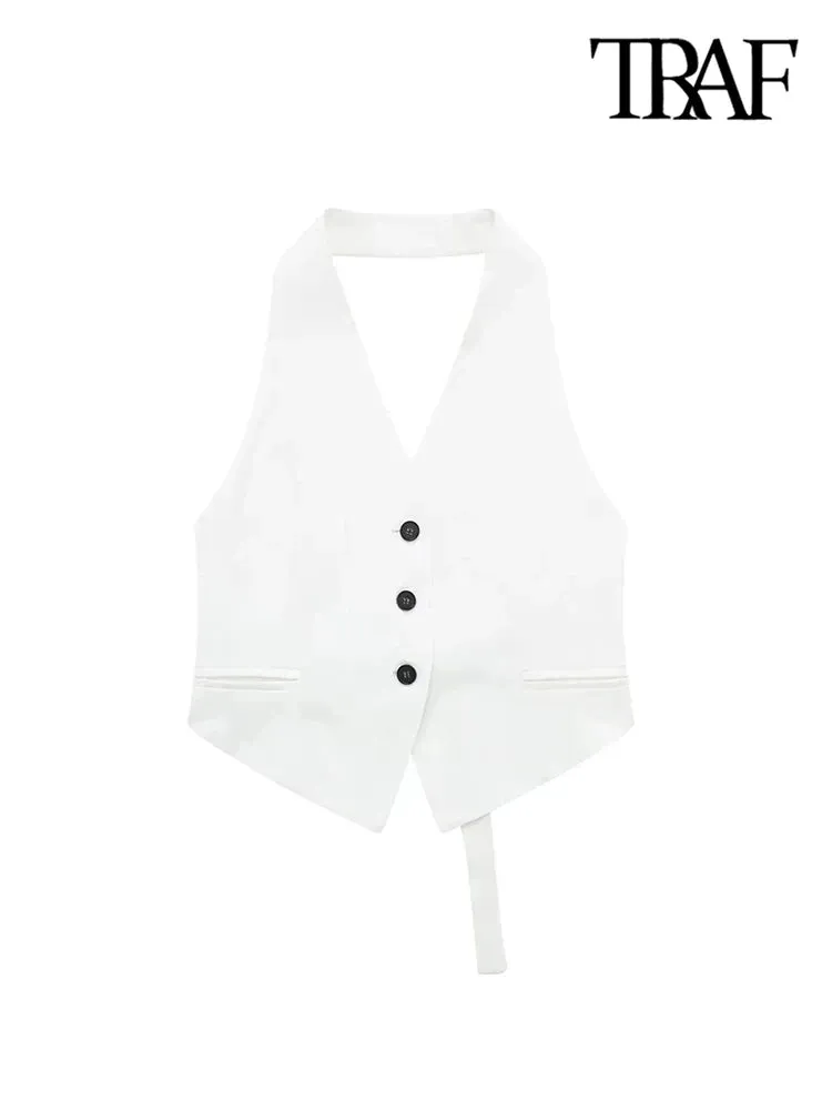 Back To School Joskaa TRAF Women Fashion Backless Halter Neck Waistcoat Sexy Sleeveless Button-up Female Outerwear Chic Vest Tops