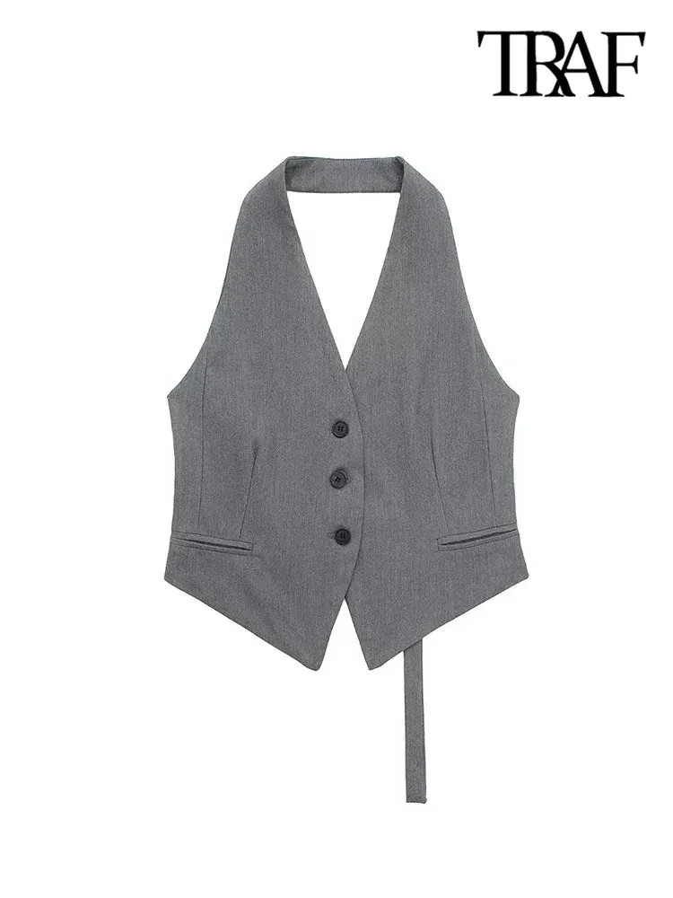 Back To School Joskaa TRAF Women Fashion Backless Halter Neck Waistcoat Sexy Sleeveless Button-up Female Outerwear Chic Vest Tops