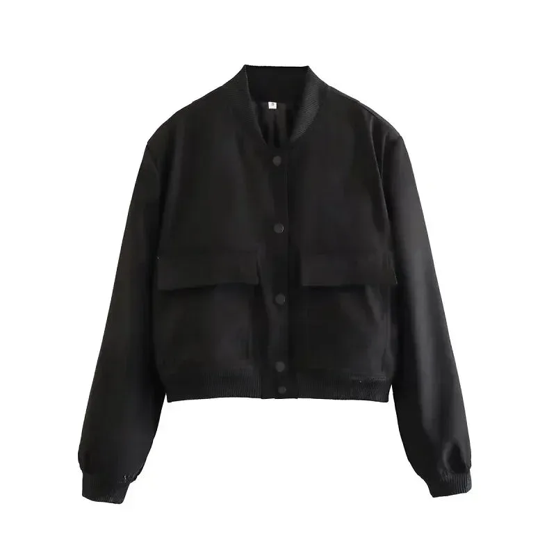 Back To School Joskaa woman bomber jacket coat White autumn winter button baseball aviator cropped jackets for women long sleeve crop outerwear