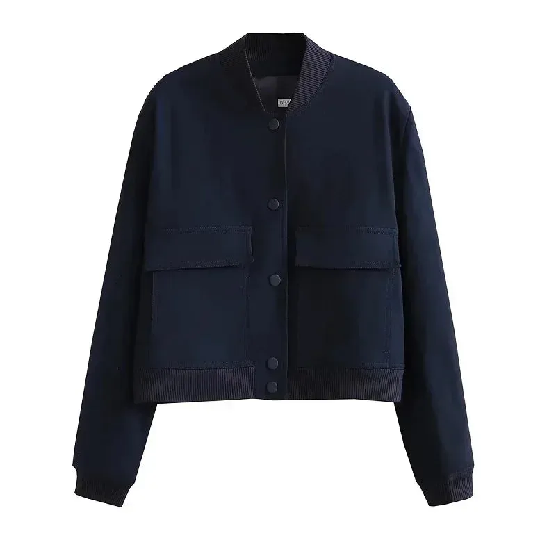 Back To School Joskaa woman bomber jacket coat White autumn winter button baseball aviator cropped jackets for women long sleeve crop outerwear