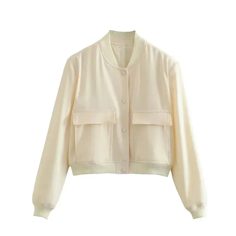 Back To School Joskaa woman bomber jacket coat White autumn winter button baseball aviator cropped jackets for women long sleeve crop outerwear