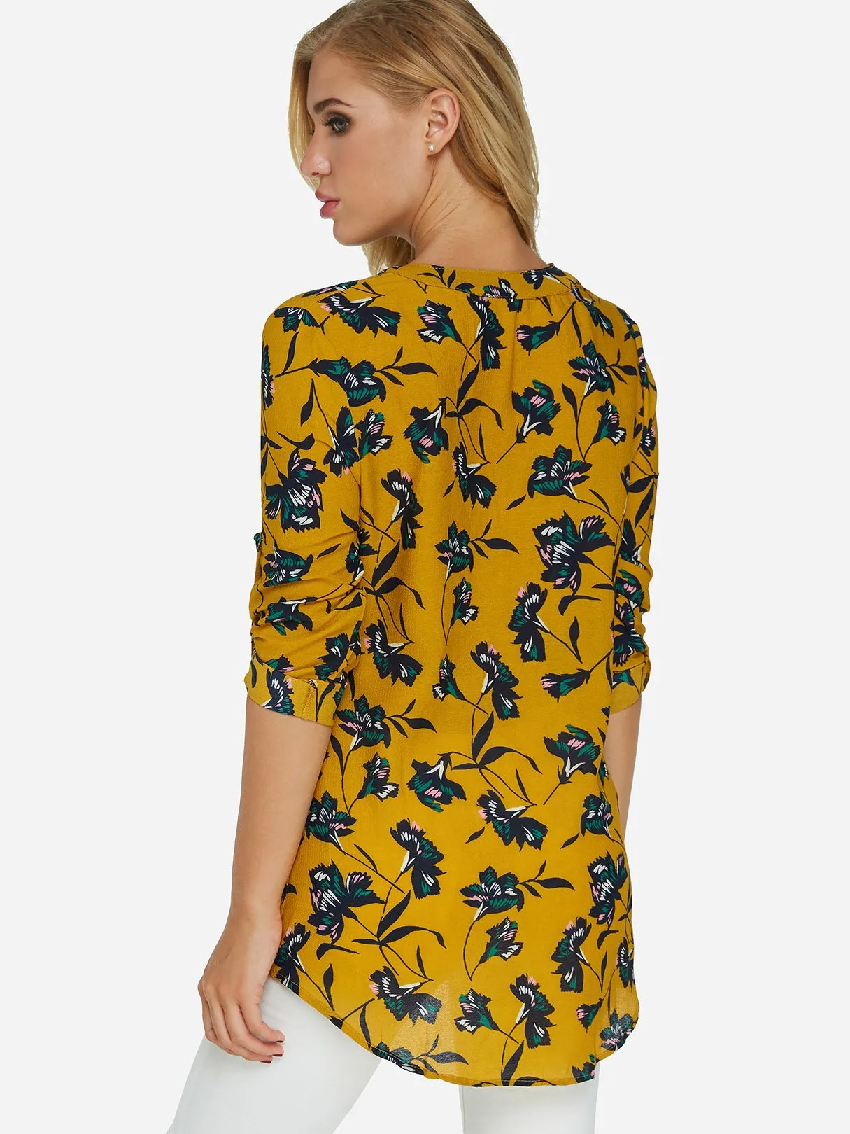 Custom V-Neck Floral Print Zip Back 3/4 Sleeve Yellow Blouses