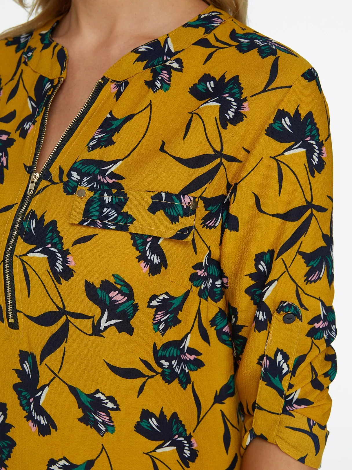 Custom V-Neck Floral Print Zip Back 3/4 Sleeve Yellow Blouses