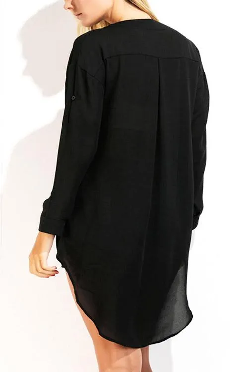 Custom V-Neck Plain Long Sleeve Irregular Hem Black Blouses