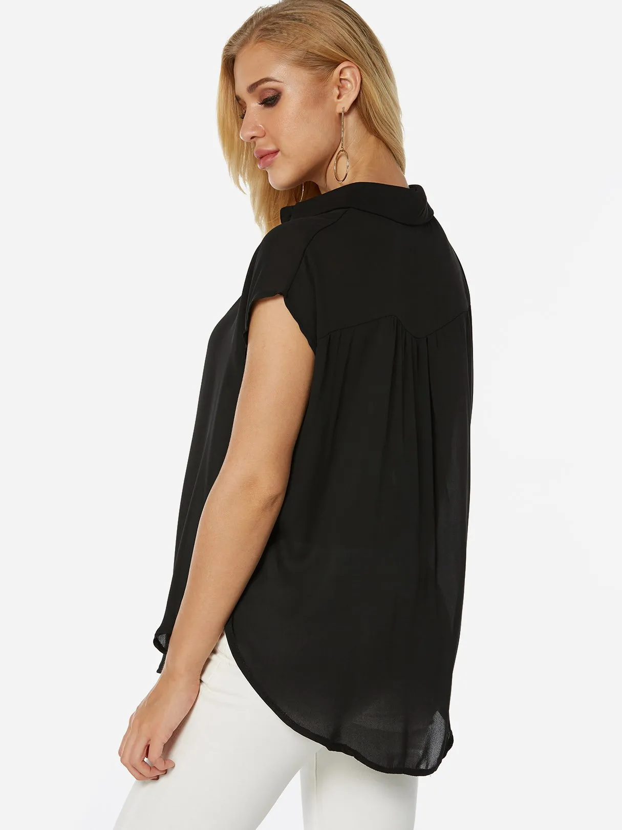 Custom V-Neck Plain Short Sleeve Irregular Hem Blouses