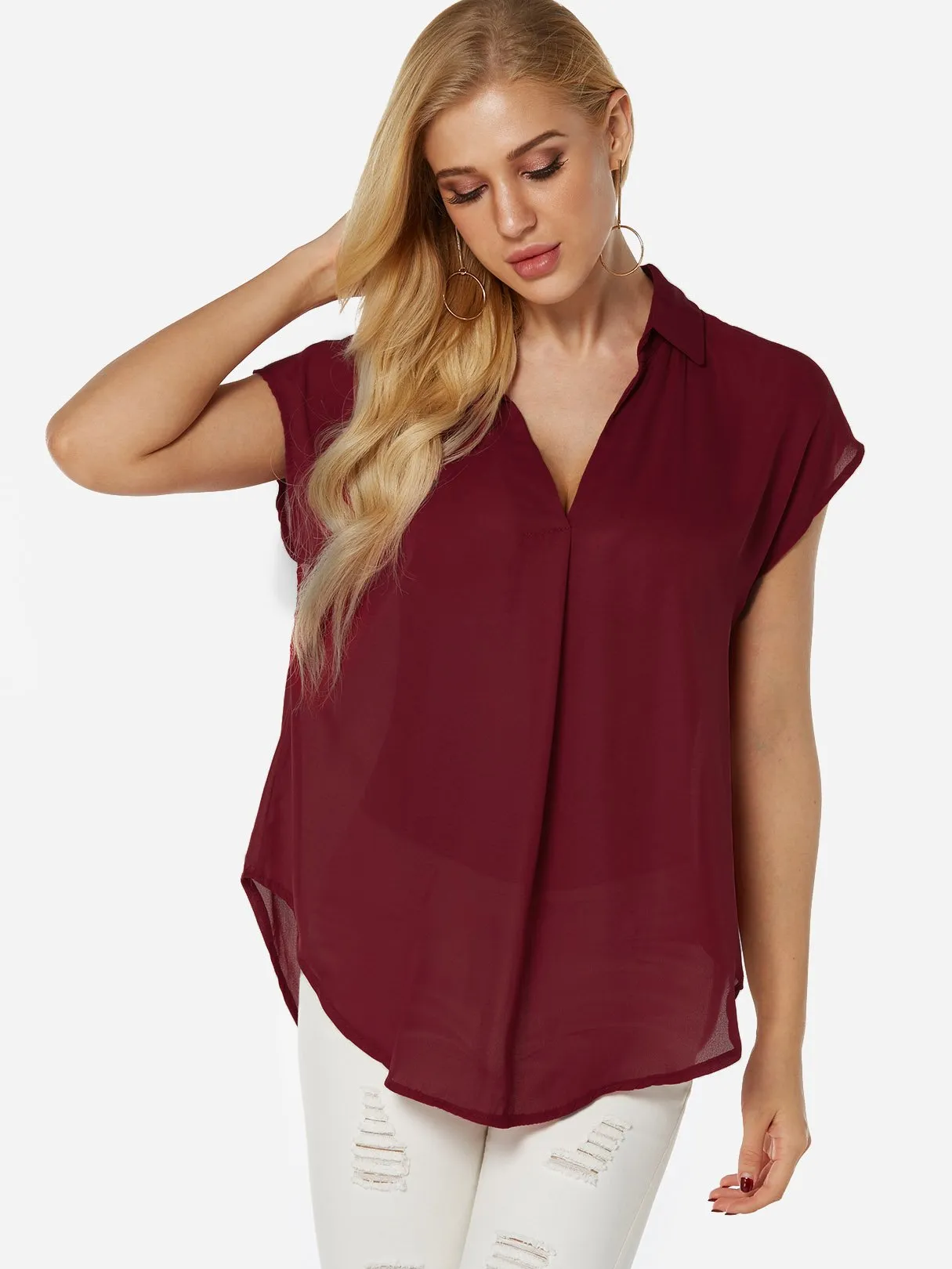 Custom V-Neck Plain Short Sleeve Irregular Hem Blouses