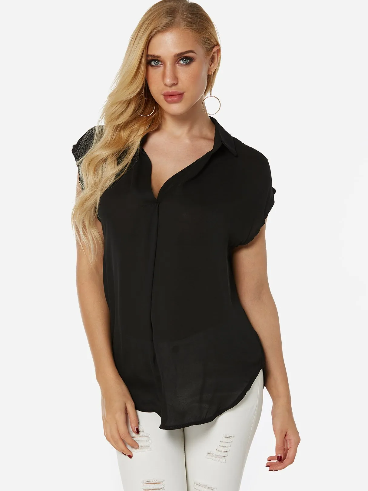 Custom V-Neck Plain Short Sleeve Irregular Hem Blouses