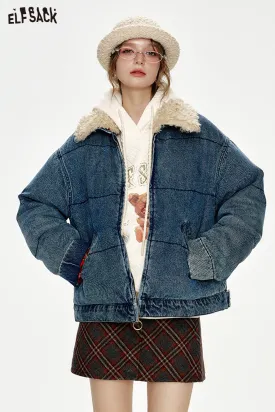 ELFSACK 2024 Winter New Arrivals Retro Fake Fur Collar Denim Blue Thickened Short Jacket Women