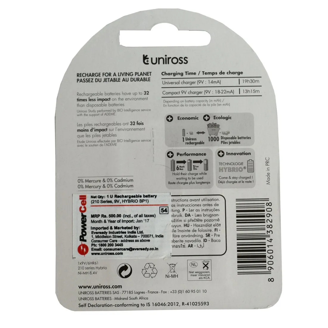 Eveready Uniross: 9 Volt Rechargeable Battery/Cell 200mAh Hybrio Series