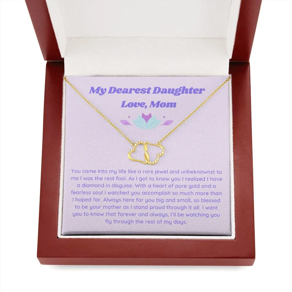 Gift to Daughter from Mom, Everlasting Love Minimalist Necklace, Gold and Diamond Double Heart Necklace for Girl with Retro Aesthetic Card