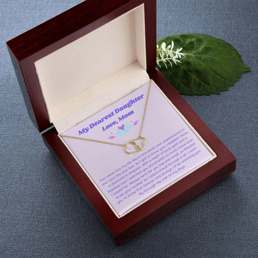 Gift to Daughter from Mom, Everlasting Love Minimalist Necklace, Gold and Diamond Double Heart Necklace for Girl with Retro Aesthetic Card