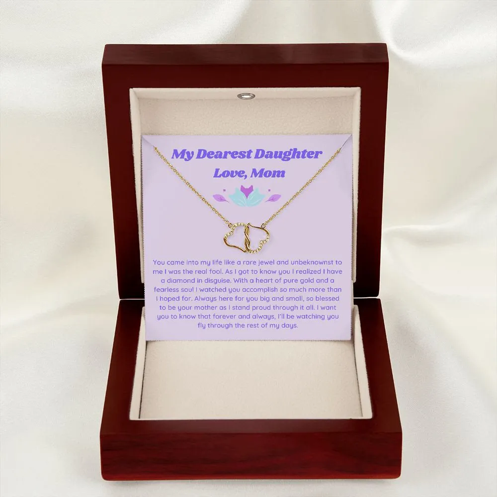Gift to Daughter from Mom, Everlasting Love Minimalist Necklace, Gold and Diamond Double Heart Necklace for Girl with Retro Aesthetic Card