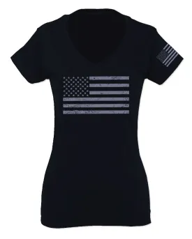 Gray America USA Patriotic American United States Vintage Flag For Women V neck fitted T Shirt