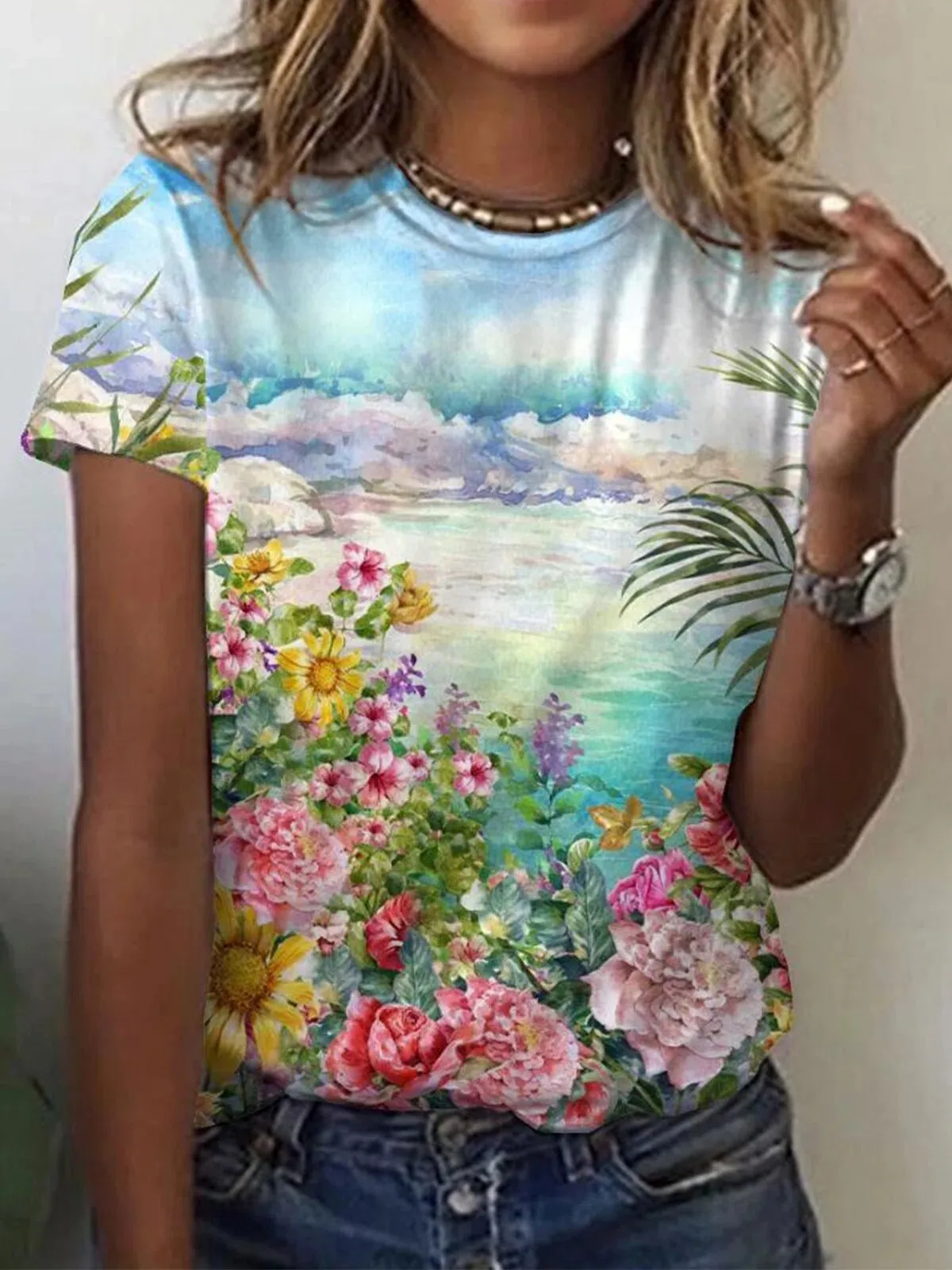LANFUBEISI Temperament Short Sleeve Women T-shirt Casual T-shirt Women Printed Fashion Top