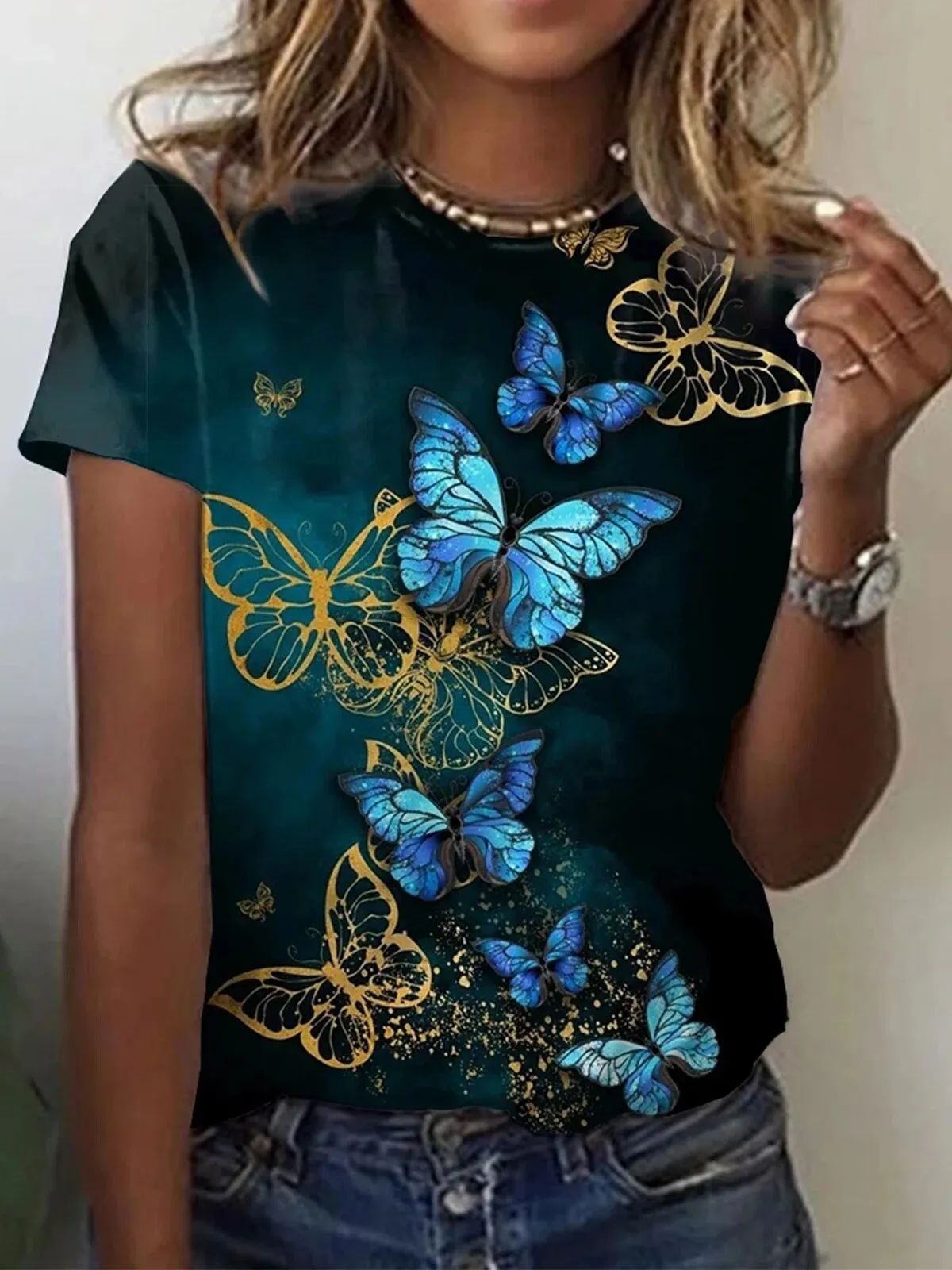LANFUBEISI Temperament Short Sleeve Women T-shirt Casual T-shirt Women Printed Fashion Top