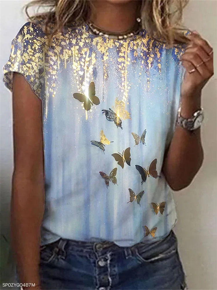 LANFUBEISI Temperament Short Sleeve Women T-shirt Casual T-shirt Women Printed Fashion Top
