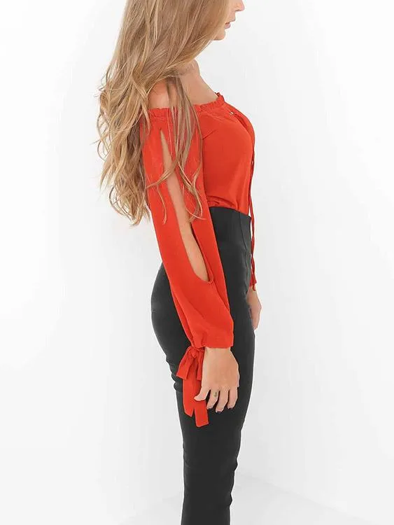 OEM ODM Off The Shoulder Lace-Up Long Sleeve Red Top