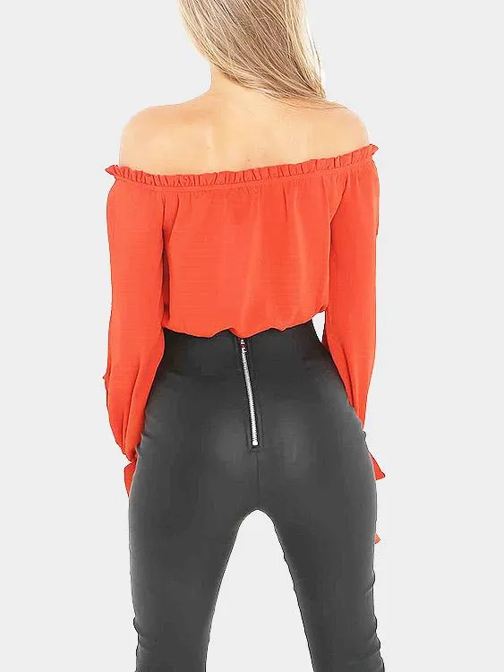 OEM ODM Off The Shoulder Lace-Up Long Sleeve Red Top