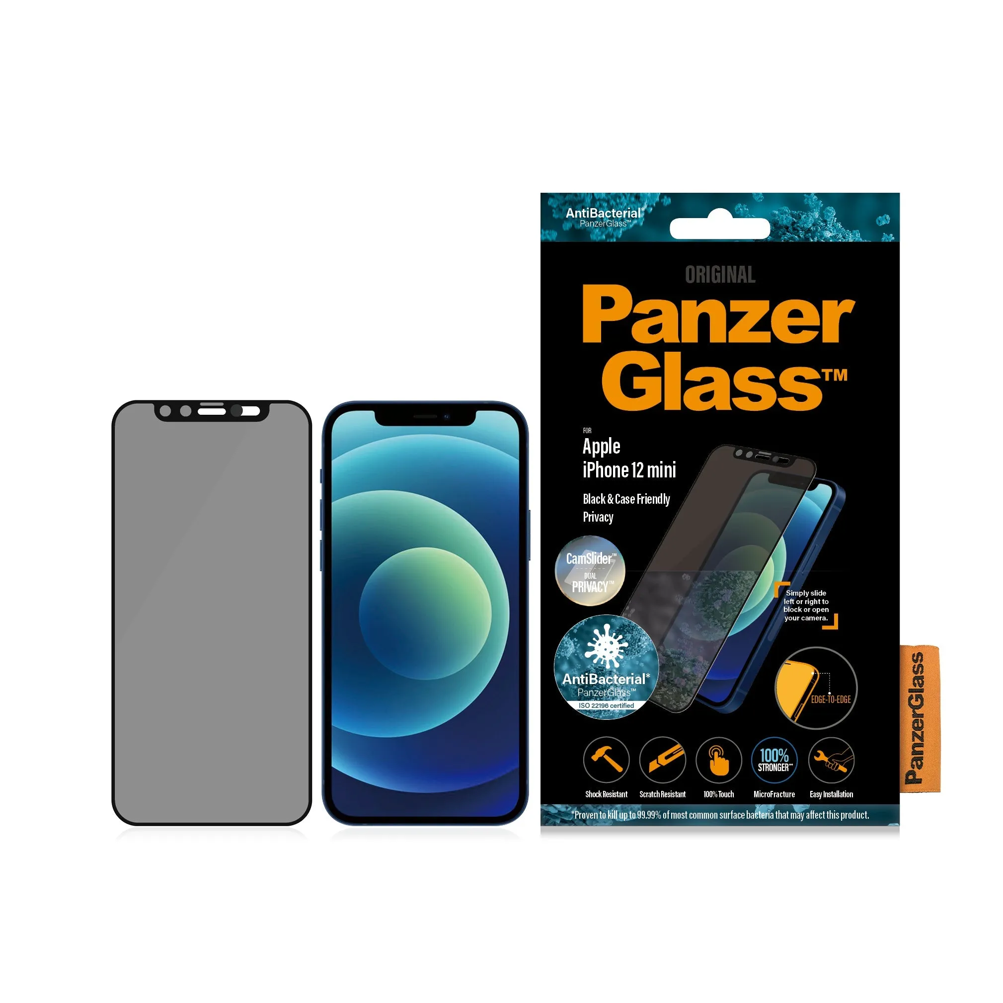 [OPEN BOX] PANZERGLASS iPhone 12 Mini - Cam Slider Black Frame w/ Anti-Microbial Screen Protector - Privacy