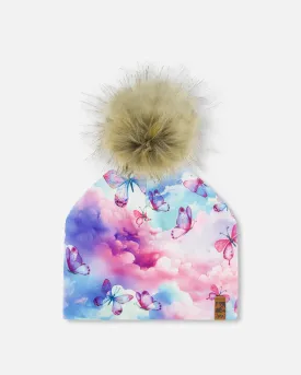 Printed Jersey Detachable Pompom Hat Butterflies On Multicolored Background