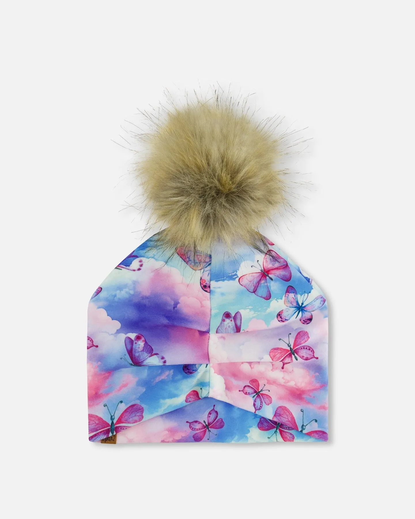 Printed Jersey Detachable Pompom Hat Butterflies On Multicolored Background