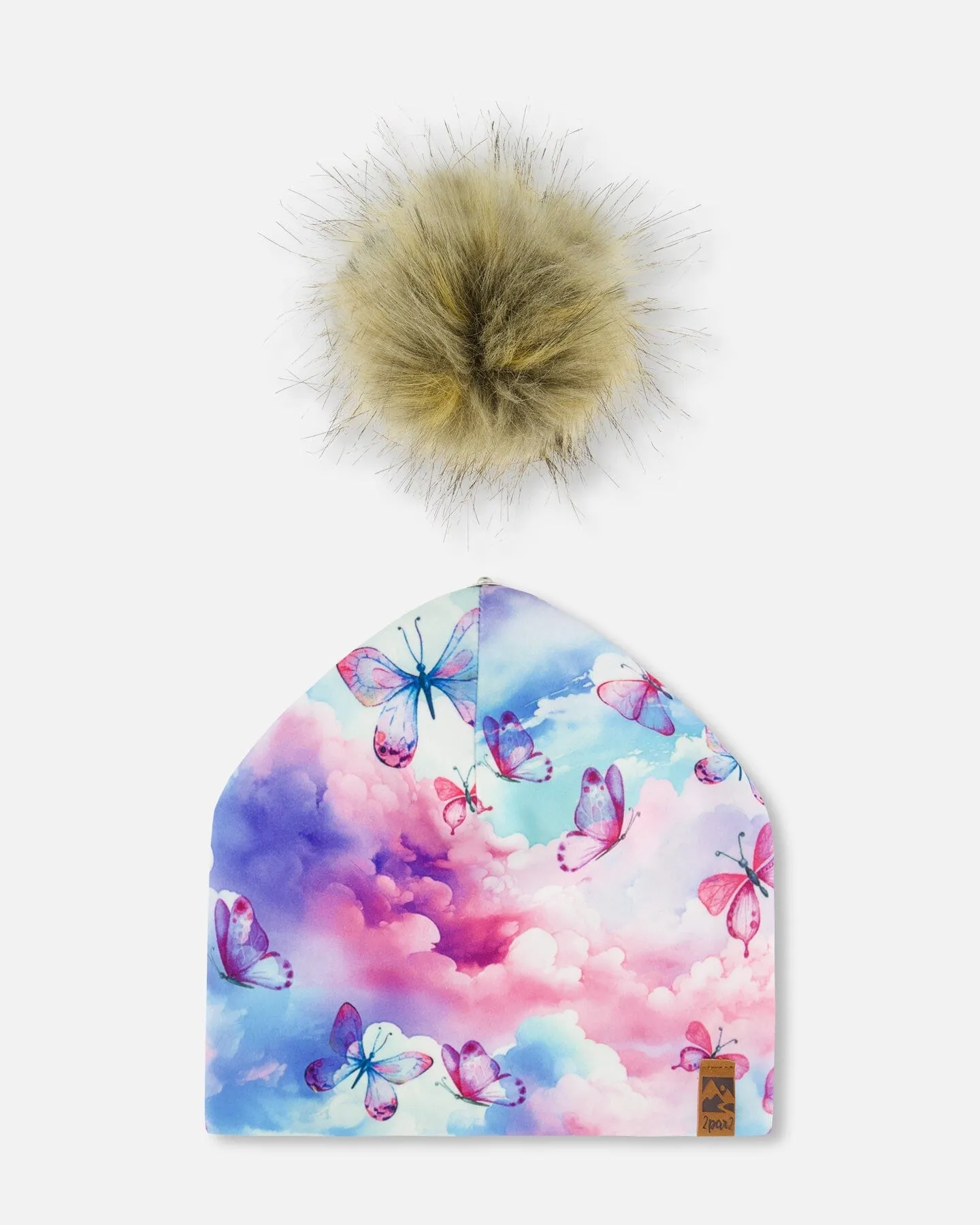 Printed Jersey Detachable Pompom Hat Butterflies On Multicolored Background