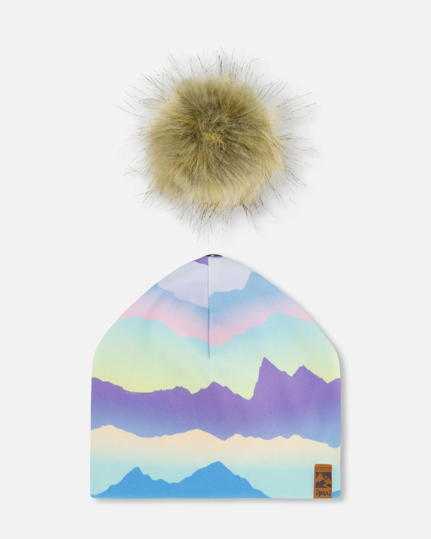 Printed Jersey Detachable Pompom Hat Mauve And Blue, Pink Mountain