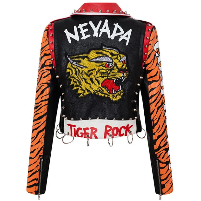 punk spiked graffiti leather biker jacket