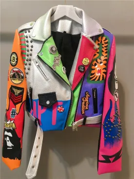 punk spiked graffiti leather biker jacket