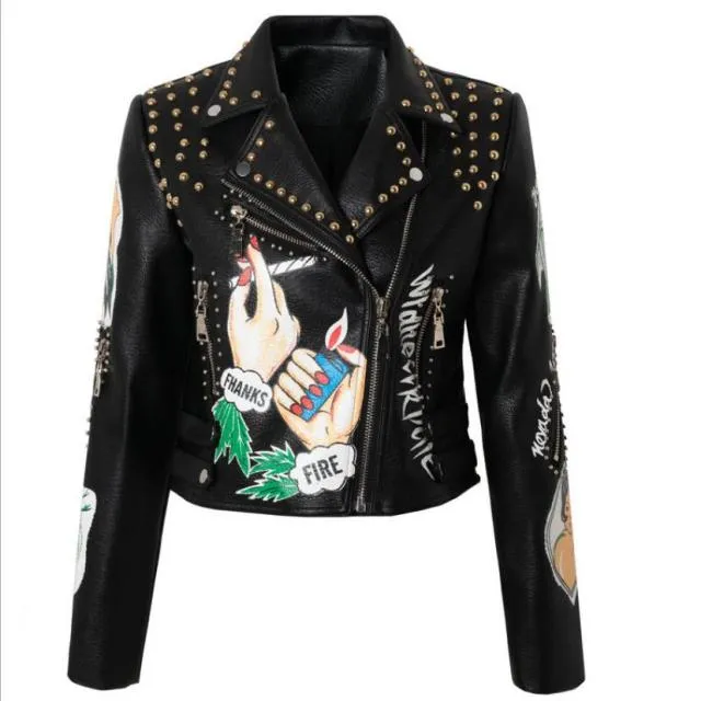 punk spiked graffiti leather biker jacket