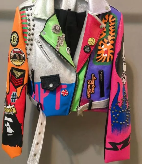 punk spiked graffiti leather biker jacket