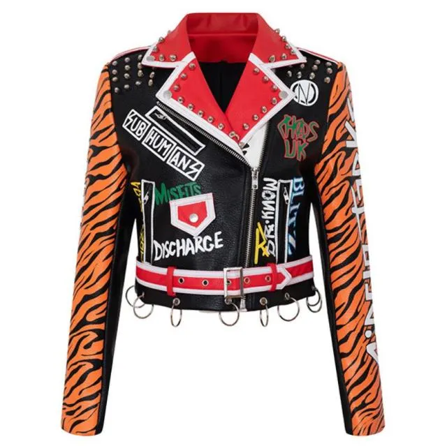 punk spiked graffiti leather biker jacket