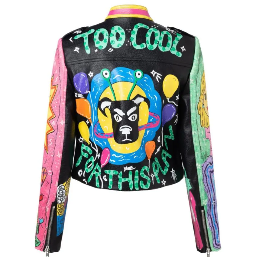 punk spiked graffiti leather biker jacket