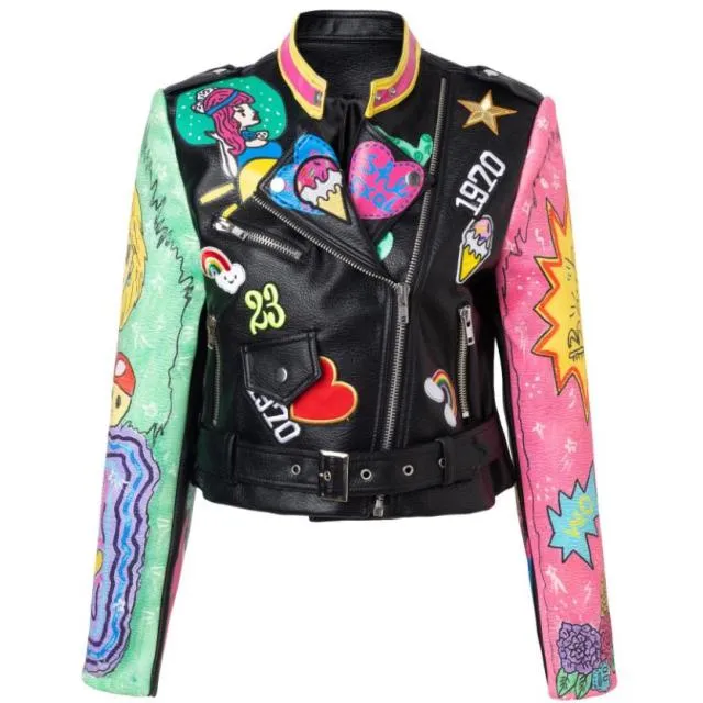 punk spiked graffiti leather biker jacket