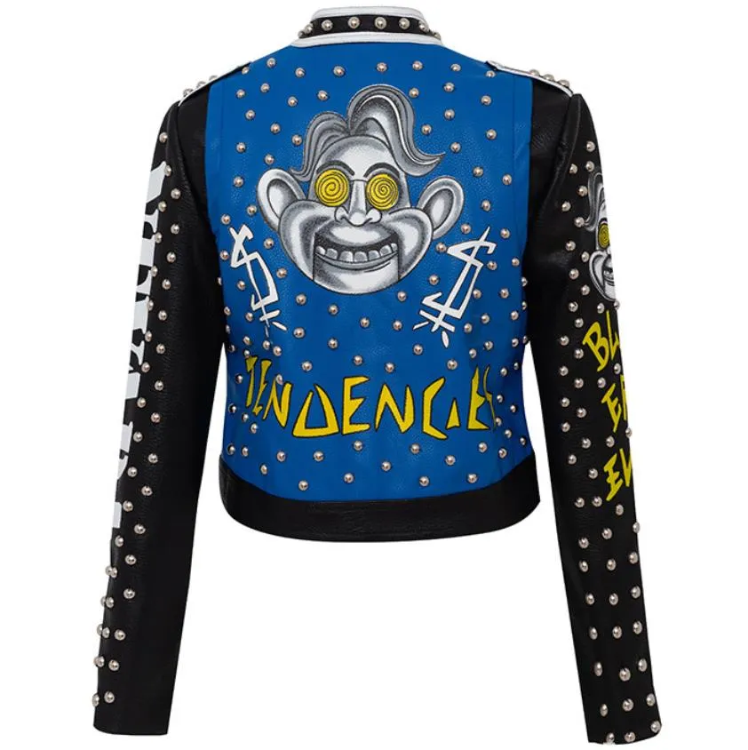 punk spiked graffiti leather biker jacket