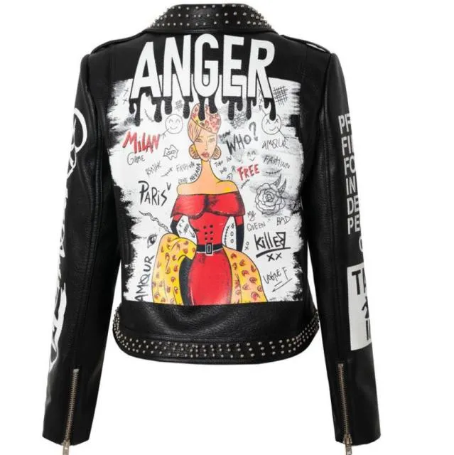 punk spiked graffiti leather biker jacket