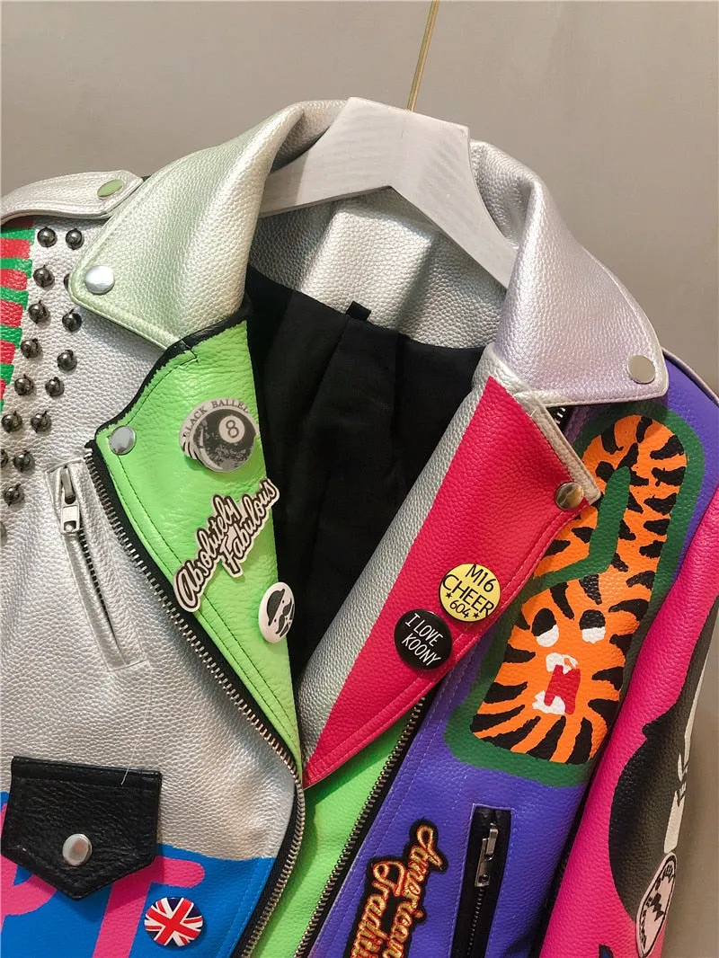 punk spiked graffiti leather biker jacket