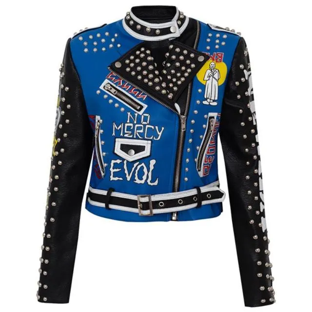 punk spiked graffiti leather biker jacket