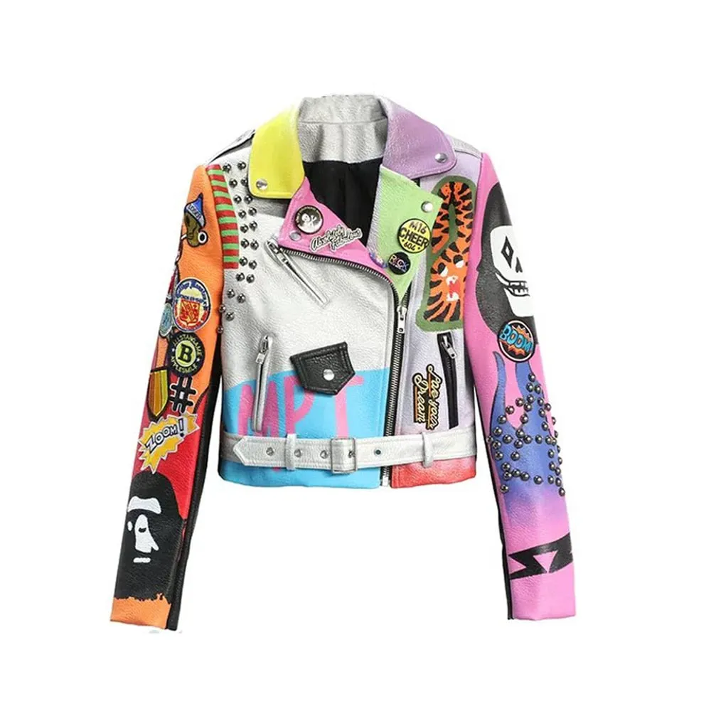 punk spiked graffiti leather biker jacket