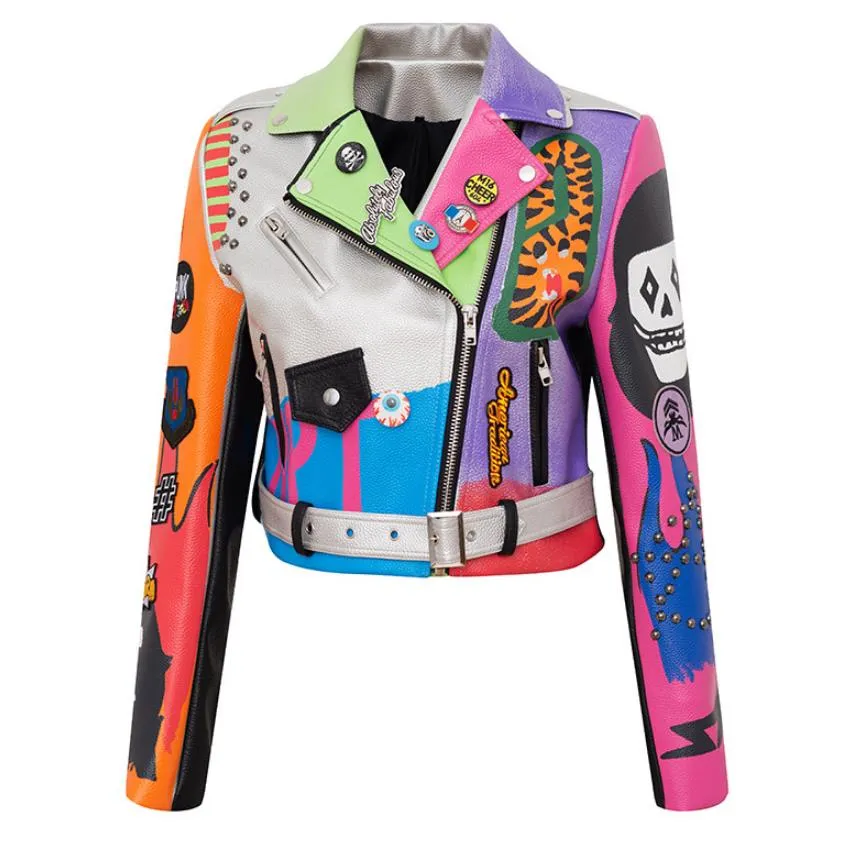 punk spiked graffiti leather biker jacket