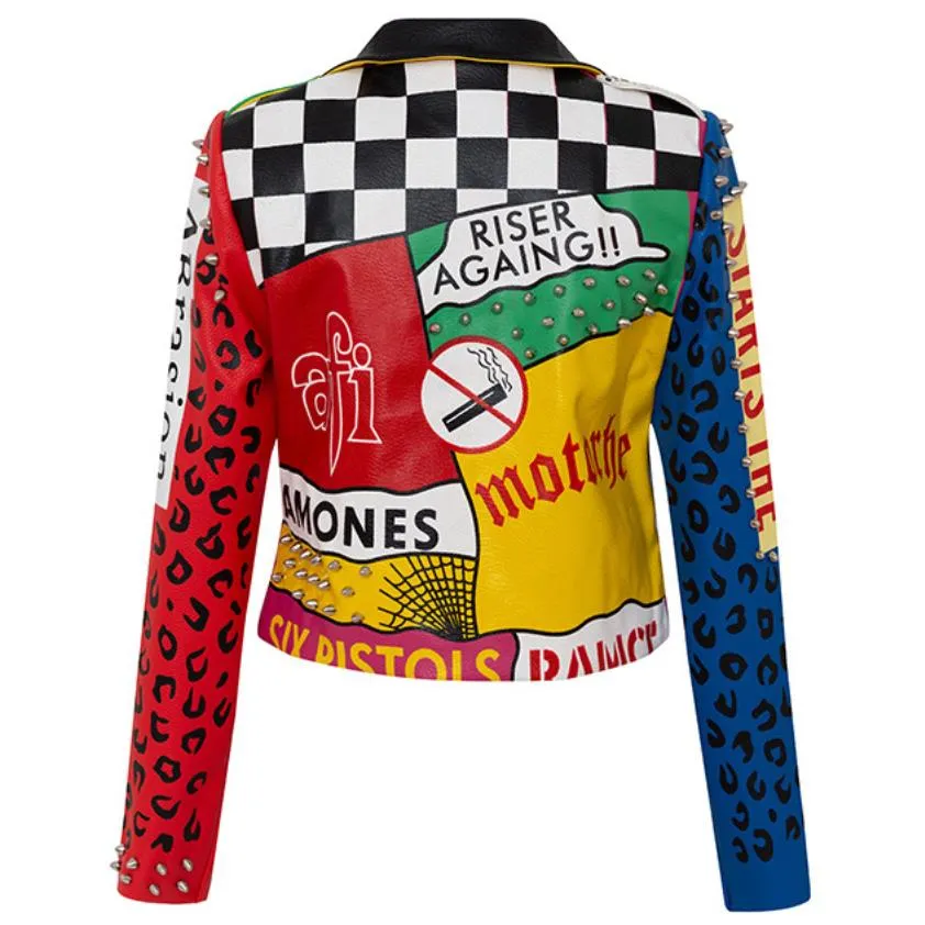punk spiked graffiti leather biker jacket