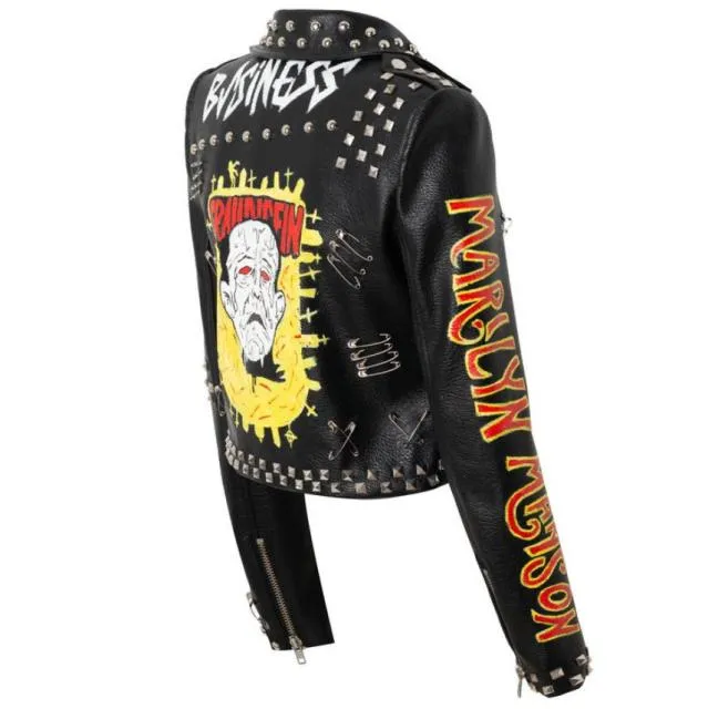 punk spiked graffiti leather biker jacket